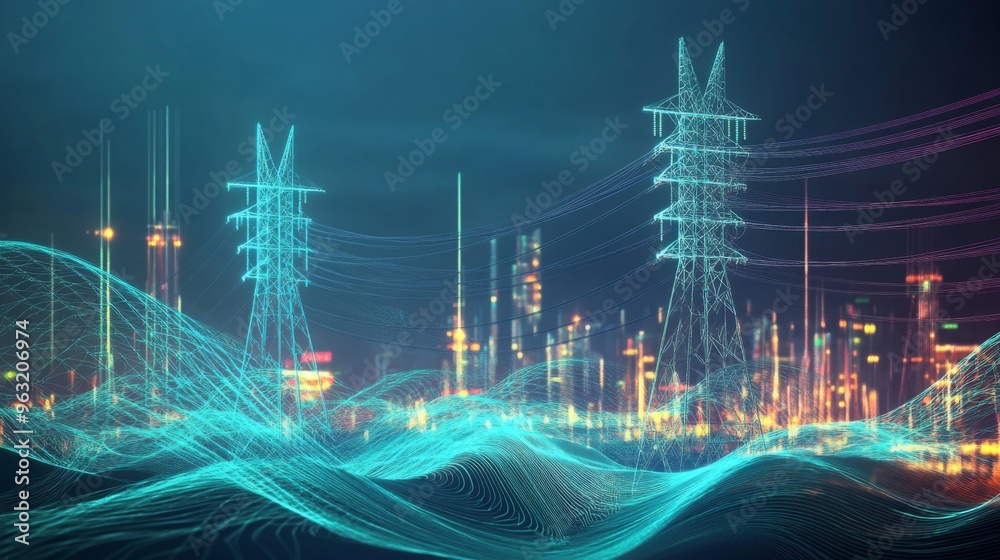 Poster Visualization of electric waves coursing through a futuristic power grid, illustrating the concept of smart cities and renewable energy systems.