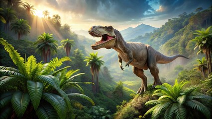 wildlife, fierce, jungle, panorama, adventure, prehistoric, A breathtaking aerial view captures a dazzling panorama of a Tyrannosaurus Rex dinosaur roaming in a lush prehistoric jungle