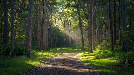 Obraz premium Light filled gumtree forest in Booderee national park of Australia Jervis bay area walking track : Generative AI