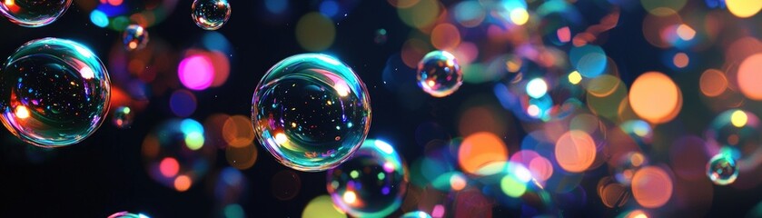 Colorful Soap Bubbles with Bokeh Lights.