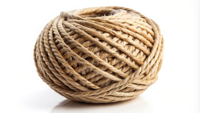 A close up shot of a natural jute twine ball isolated on a white background, twine, object, textured, natural material, craft supply, close-up shot, string, isolated,natural, handmade, white