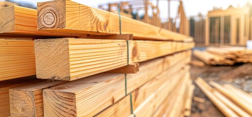 Fototapeta premium Close up of stacked wooden planks at a construction site. The wood is light brown with a smooth texture. The planks are tied together with twine.