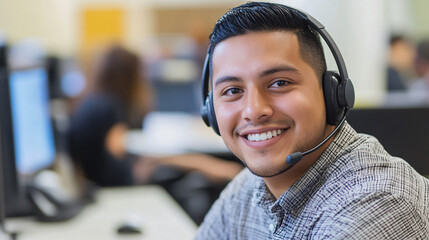 In a bustling office, a customer service representative wears a headset and smiles