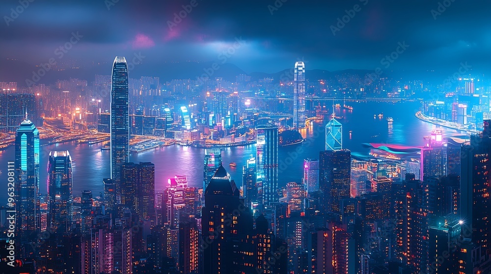 Poster Smart network and Connection technology concept Hong Kong digital city background at night in victoria harbour Cyberpunk color style Panorama view : Generative AI