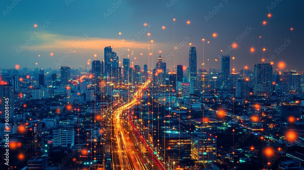 Leinwandbilder energy digitalization smart city with wireless network and connection technology concept with abstra