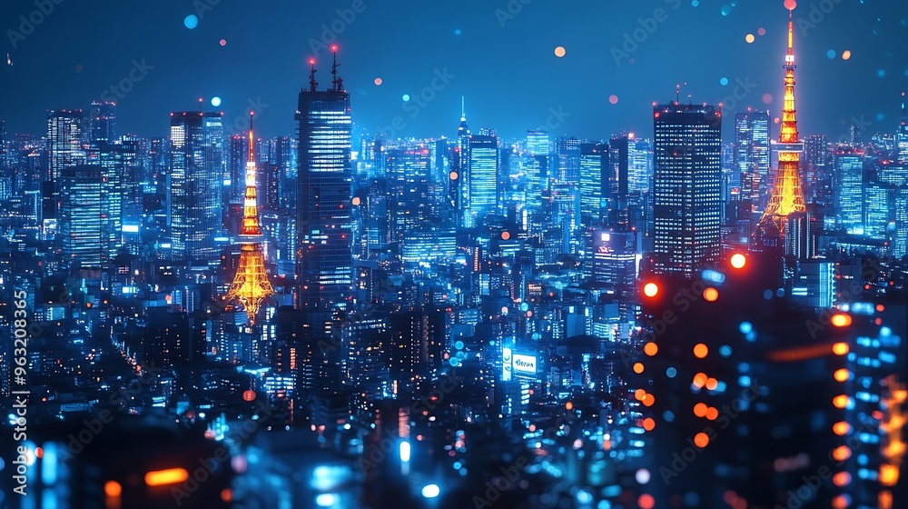 Poster global world telecommunication network wireless communication on modern cityscape background : gener