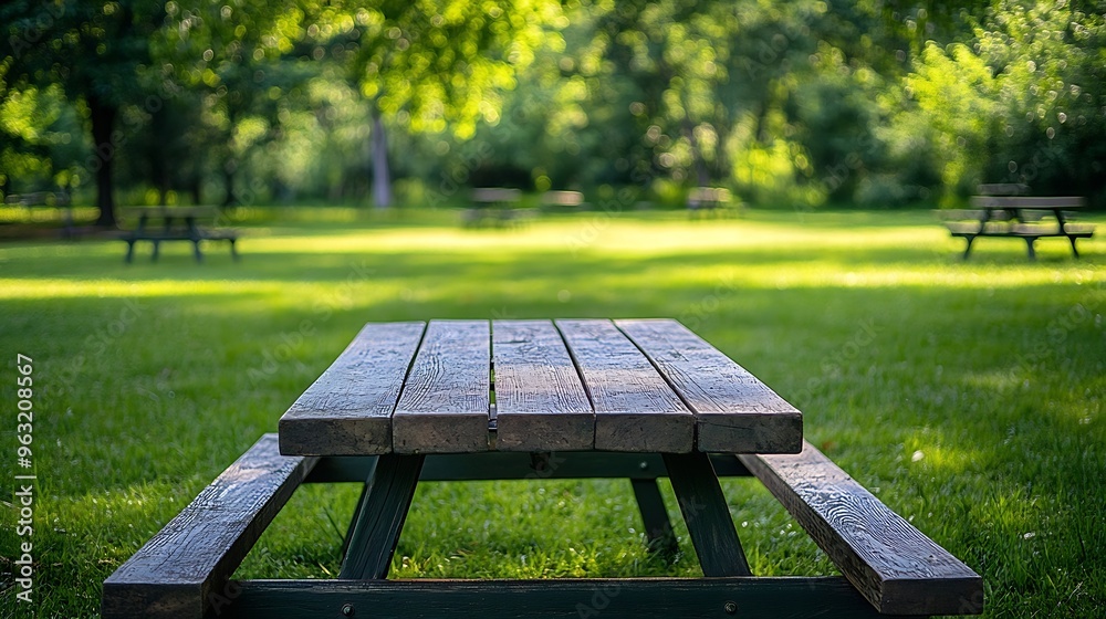 Poster park picnic table bench rest relax outdoors benches and tables on green grass in recreational area :