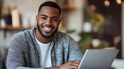Naklejka premium Smiling young entrepreneur working on laptop at table Confident male professional is analyzing success plan He is sitting at home office : Generative AI