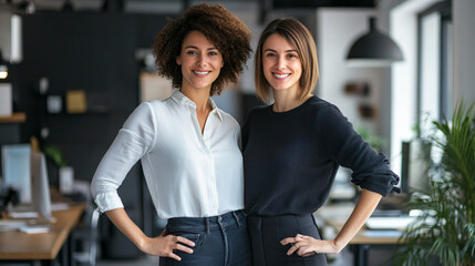 Fototapeta premium Two businesswomen are smiling with their hands on their hips in a modern office