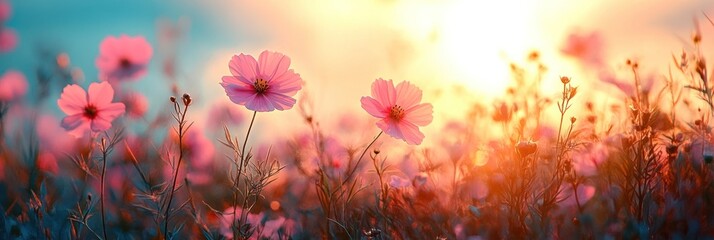 Pink Cosmos Flowers Blooming in a Field at Sunset