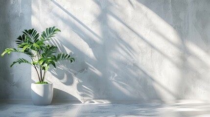 Modern bright interior mockup with a white empty wall and soft shadows from a window. Green monstera plant in a flowerpot adds a natural touch. Perfect for home decor or real estate visuals.