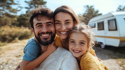 Fototapeta premium Happy young family with two children ltaking selfie with caravan at background outdoors : Generative AI
