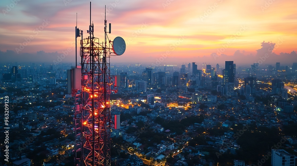 Leinwandbilder antenna communication technology with city background communication tower connect to data of smart c