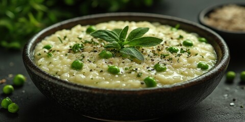 Creamy Risotto with Green Peas and Sage in a Brown Bowl