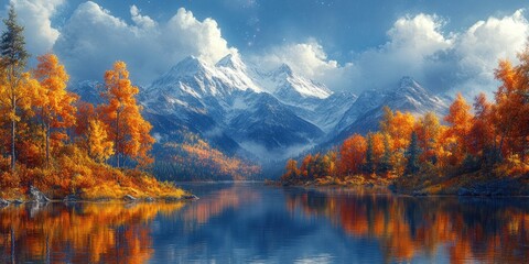 Autumnal Forest Reflecting in a Mountain Lake