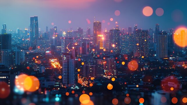 Smart city dot point connect with gradient line connection technology metaverse concept Bangkok Thailand night city banner with big data : Generative AI - Powered by Adobe