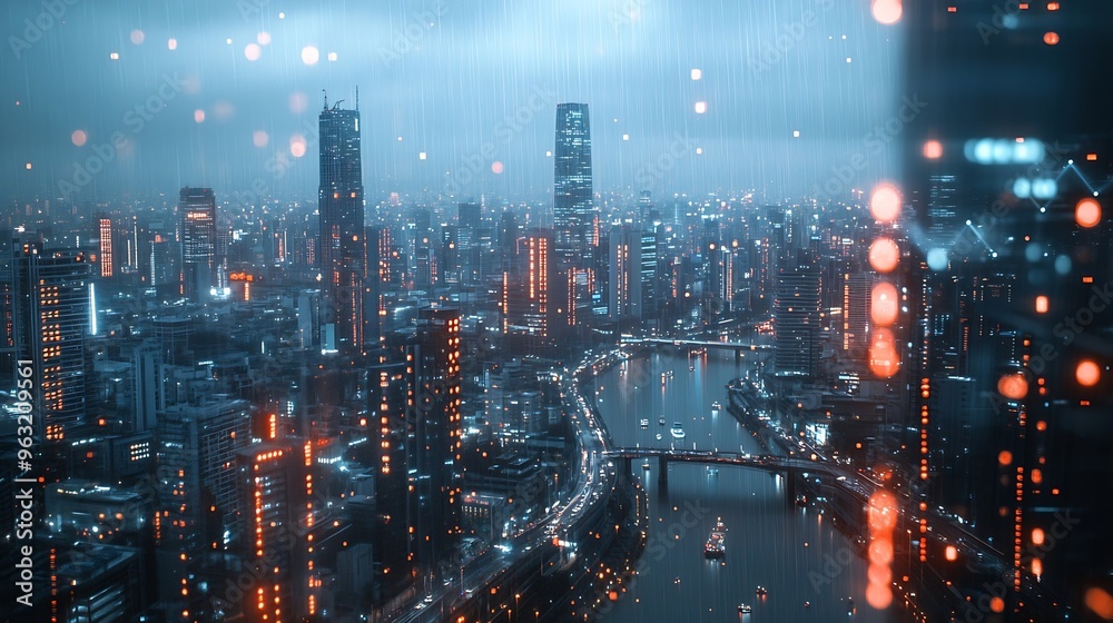 Poster modern cityscape and communication network concept telecommunication iot internet of things ict info