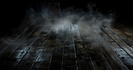 Dark wooden floor with mist or smoke. Great for product photography or design projects.