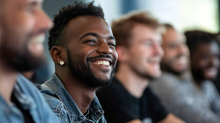 Obraz premium Young african american professional smiles while attending a presentation with colleagues