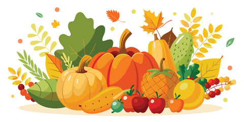 Autumn Background with Pumpkins, Veggies & Fruits - Thanksgiving illustration on a white background.