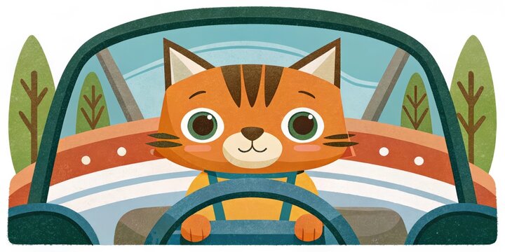 recommend clip art: Cartoon cat driving a car on a country road, with trees and hills in the background