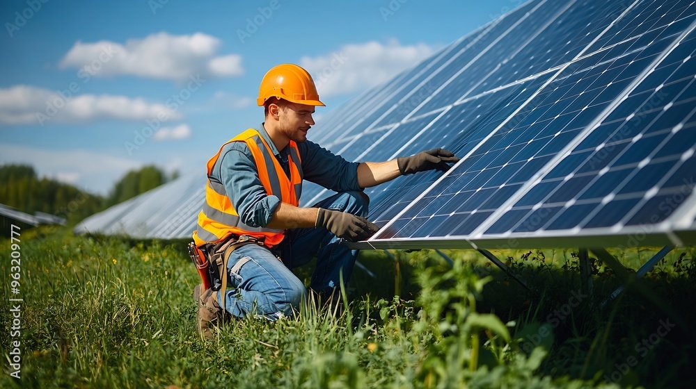 Poster worker installs solar panels worker installs solar panels at a solar farm field : generative ai