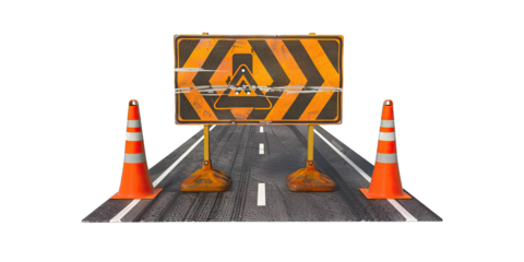 Highway construction zone sign, warning of road work ahead, isolated on transparent background PNG