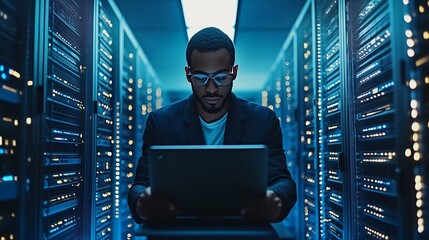 Successful Data Center IT Specialist Using Laptop Computer Server Farm Cloud Computing Facility with System Administrator Working Data Protection Engineering Network for Cyber Security : Generative AI