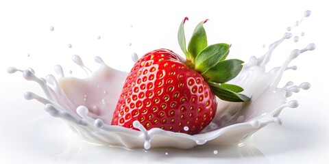 fruit, farm-fresh, white background, organic, splash effect, refreshment, refreshing, A medium shot of a ripe strawberry with a splash of fresh milk isolated on a white background