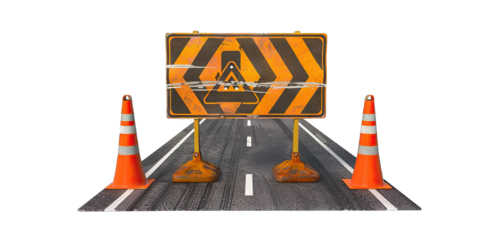 Highway construction zone sign, warning of road work ahead, isolated on transparent background PNG