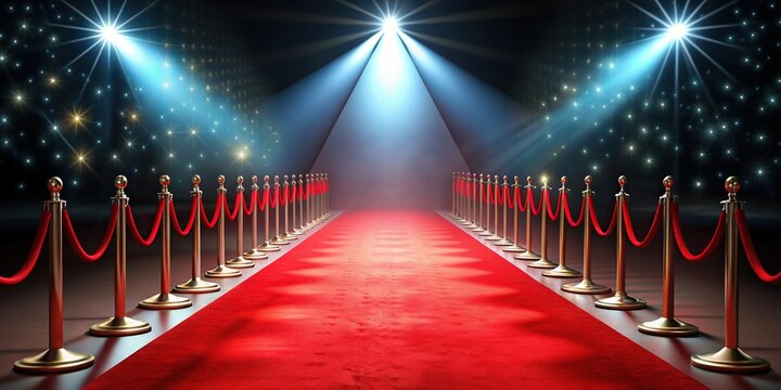 A detailed description of the stock photo A red carpet with a spotlight on a stage background creates a visually stunning forced perspective drawing attention to the center of attention