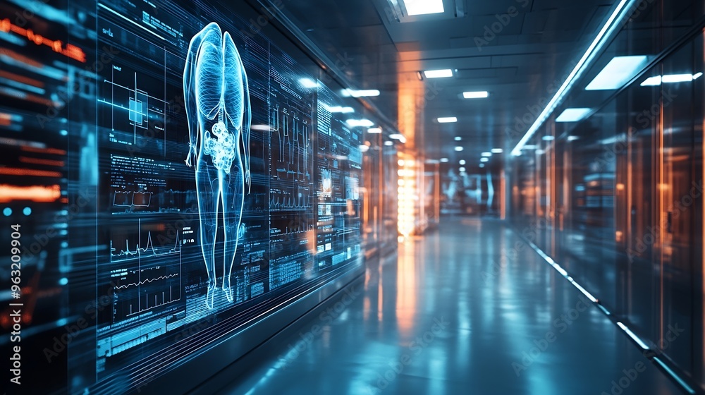 Poster abstract virtual medical hologram on modern architecture background online medical consulting concep