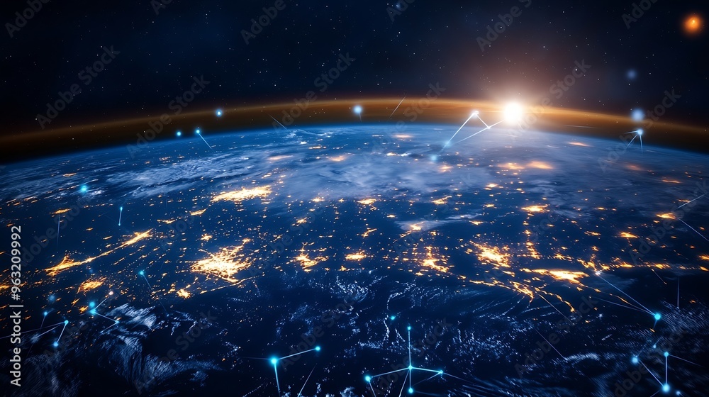 Poster global network connection covering earth with link of innovative perception concept of international