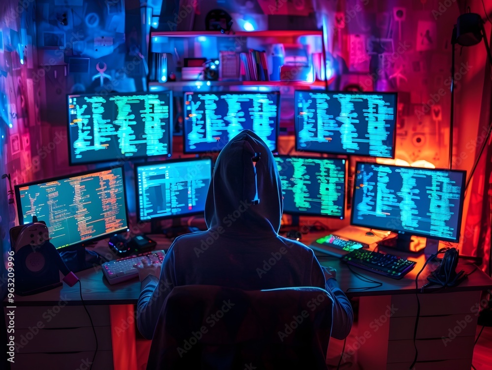 Aufkleber hacker monitoring futuristic data screens in dark neon tech lab
