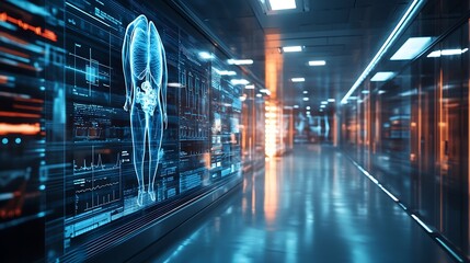 Fototapeta premium Abstract virtual medical hologram on modern architecture background online medical consulting concept Multiexposure : Generative AI