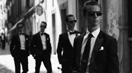 A black-and-white image of four men in formal suits and sunglasses posing confidently in an urban setting, exuding style, power, and sophistication