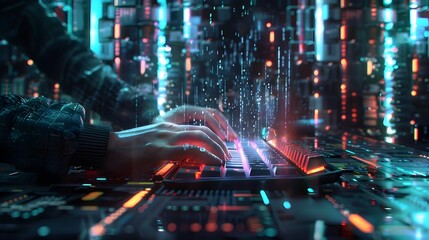Futuristic Hacker Workspace with Holographic Keyboard and Data Streams