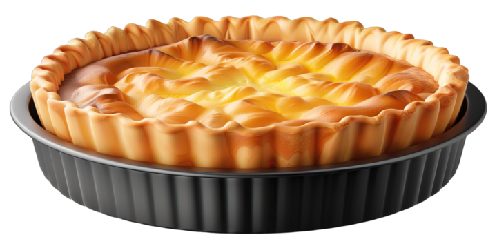 Tart pan with a removable bottom and a baked tart, for creating beautiful tarts and quiches, isolated on transparent background PNG