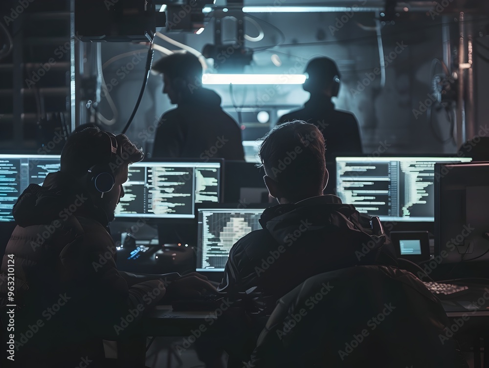 Poster hacker team collaborating in cyber espionage workspace with diverse devices and screens filled with 