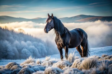 majestic, visual effect,black horse, serene, A majestic black horse stands amidst a serene valley blanketed in frost creating a stunning visual effect through forced perspective