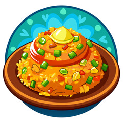 Fototapeta premium A Plate of Yellow Rice with Vegetables and a Slice of Lemon