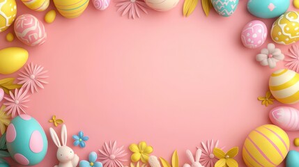 A vibrant Easter decoration featuring colorful eggs, flowers, and bunnies, perfect for spring-themed celebrations.