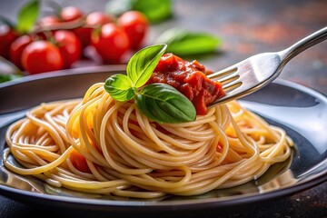 spaghetti, tangled, ingredient, delicious, vegetarian, basil, plate, A fork holding a plate of tangled spaghetti strands covered in rich tomato sauce and garnished with fresh basil leaves