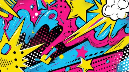 Fototapeta premium Retro comics illustration with a 90s pop art pattern and psychedelic background.