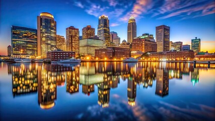 nightfall, illuminated, architecture, Boston s mesmerizing skyline reflects perfectly in the calm waters of the Downtown Harborwalk at night creating a symmetrical and enchanting scene