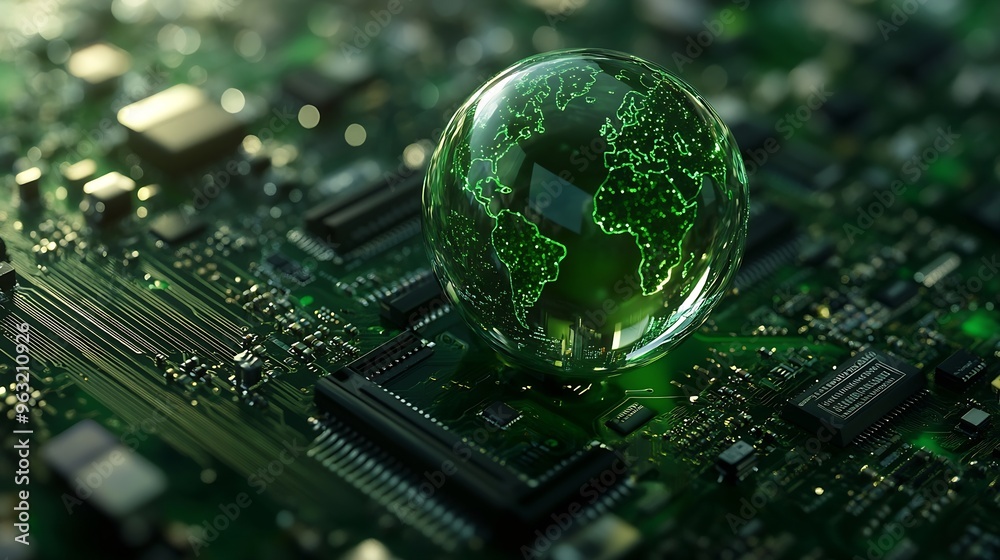 Poster Concept of green technology crystal globe on circuit board technology innovations Environment Green Technology Computer ChipGreen Computing and Technology CSR and IT ethics Ai : Generative AI