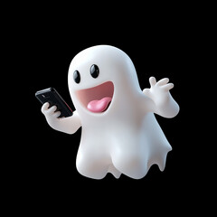 A cheerful ghost happily holding a smartphone, waving and smiling with a pink tongue out against a black background, exuding playful and fun energy