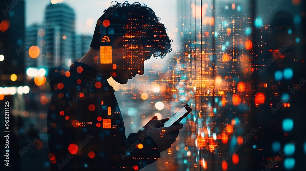 Poster Digital technology internet network connection big data digital marketing social media concept Double exposure of man using smart mobile phone surfing internet and the city technology  : Generative AI
