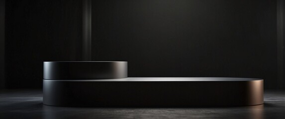 Black podium or pedestal display on dark background with long platform. Blank product shelf standing backdrop. 3D rendering, blurred background