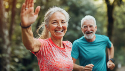 Happy senior couple running and waving in the park